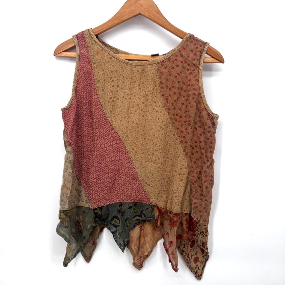 Sacred Threads Patchwork Boho Hippie Tank Top Blouse Mixed Print Size MD **FLAW